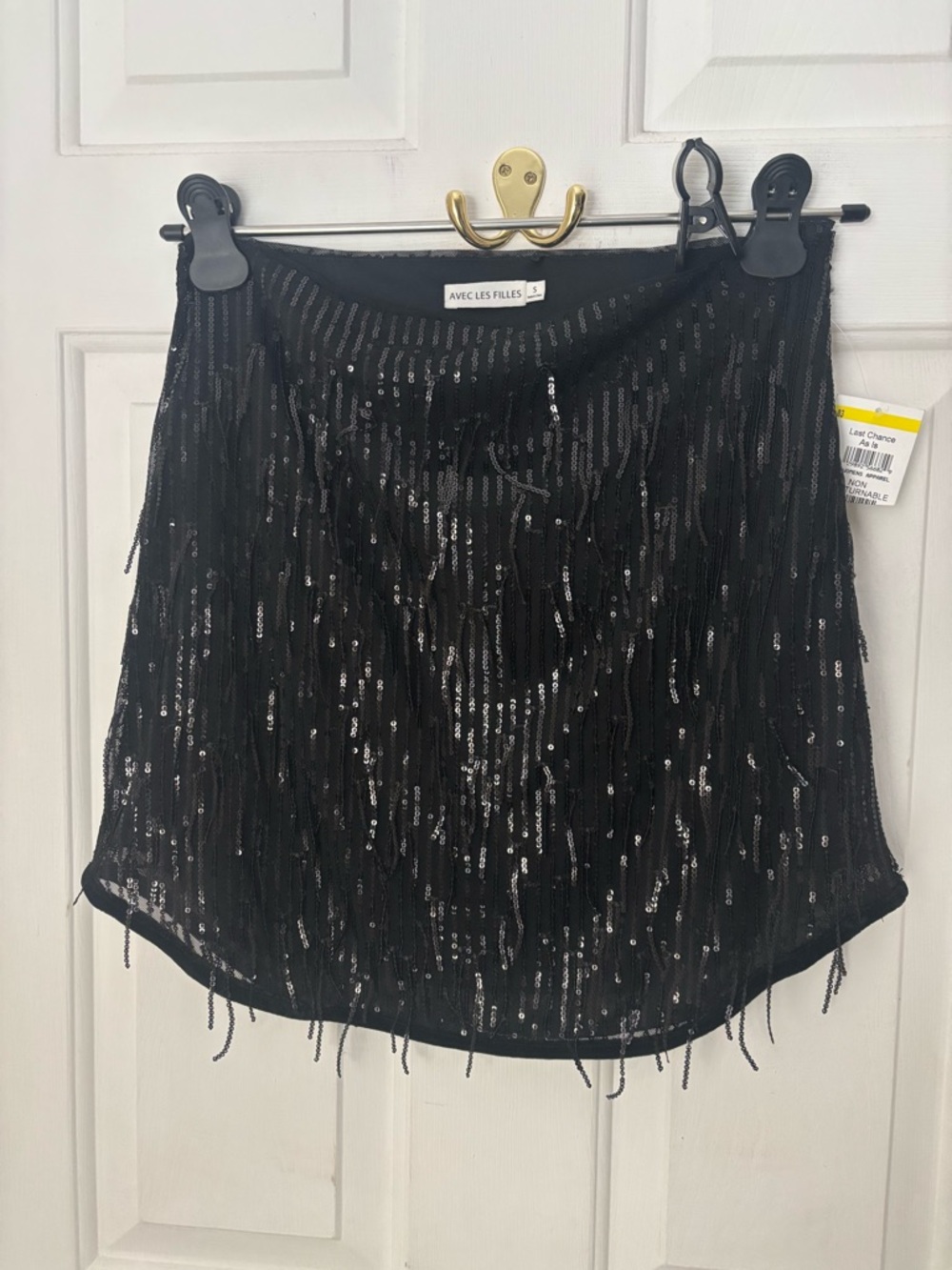 Avec Les Filles Black Sequin Fringe Mini Skirt